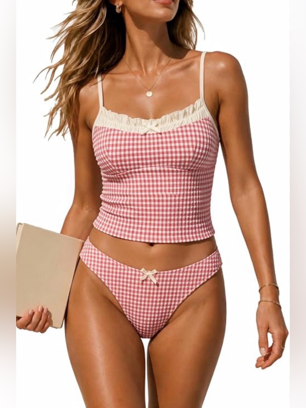 Zaful Pink Gingham Two-Piece Tankini with Cream Lace Trim